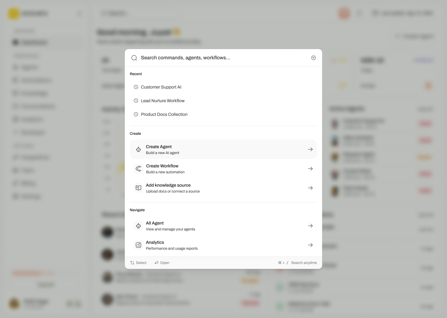Command palette modal over a blurred dashboard, grouped into Recent, Create and Navigate actions.