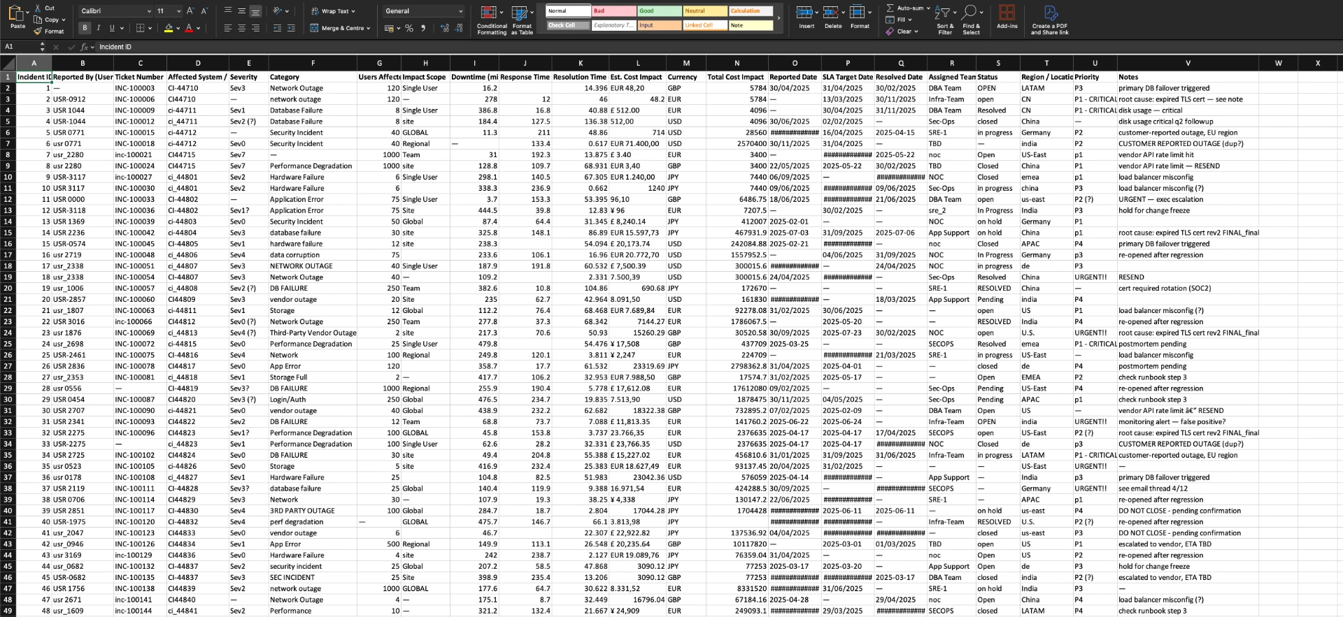 The original incident-management export: 22 columns tracking incident IDs, tickets, affected systems, severity, users affected and downtime, with duplicate rows, off-scale severities, mixed currencies and invalid dates.
