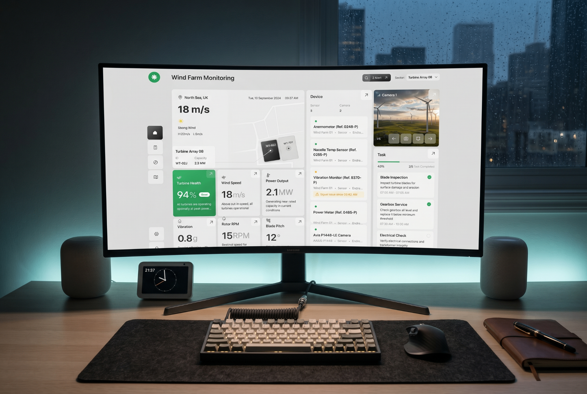 Aeris Wind Farm Monitoring dashboard on a curved desktop monitor