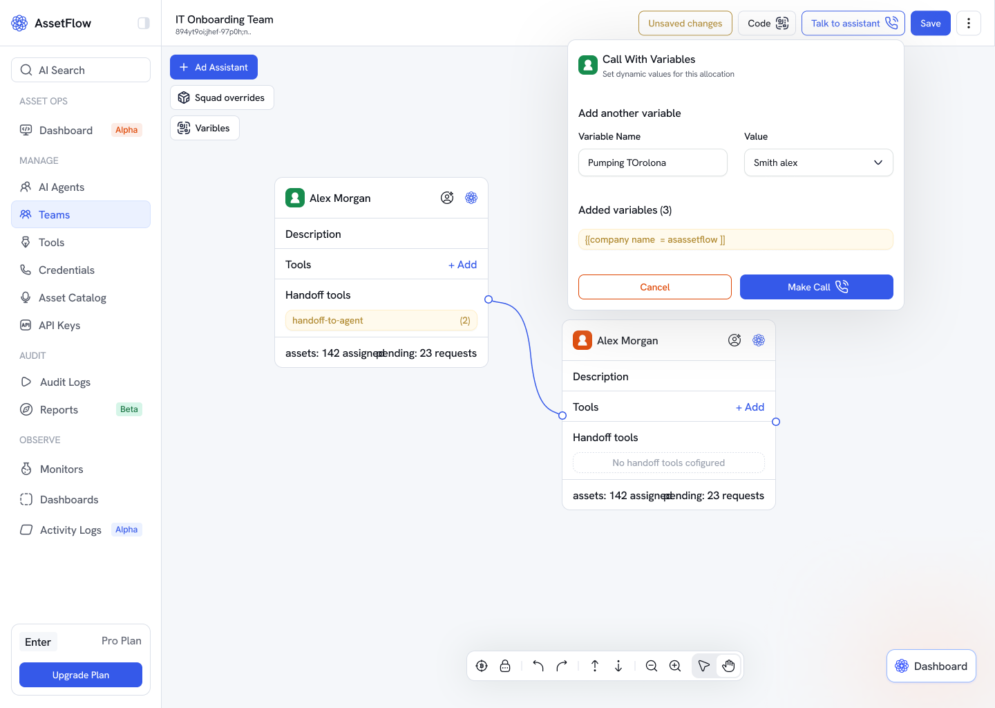 Call With Variables — “I can't test an agent with real employee context.”