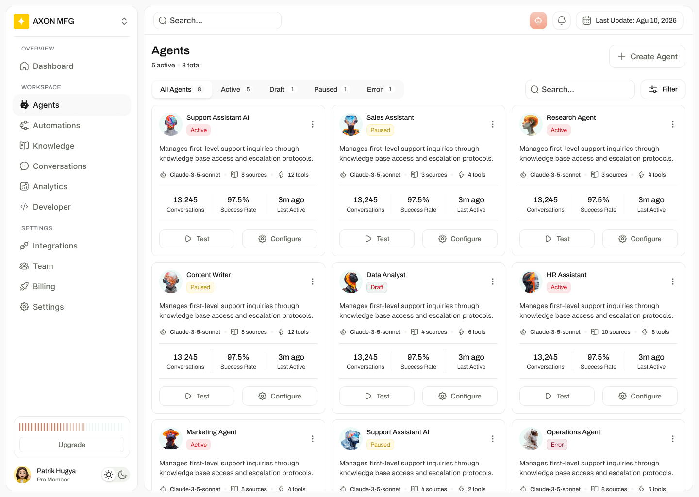 Agents page with tabs for All, Active, Draft, Paused and Error, and cards showing model, sources, tools, conversations and success rate.
